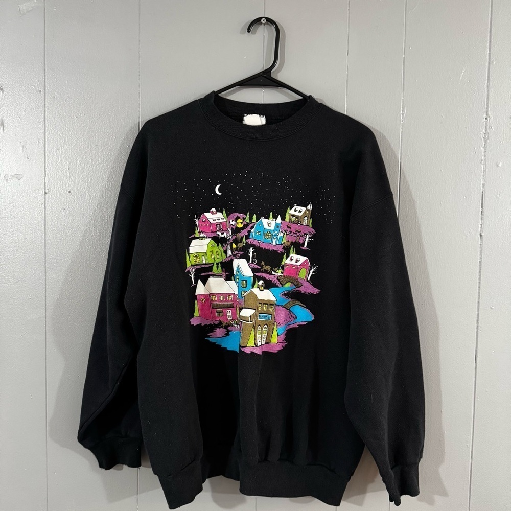 Vintage 80’s Snowy Village Black Crewneck Pullover Sweatshirt Men’s XL USA Made